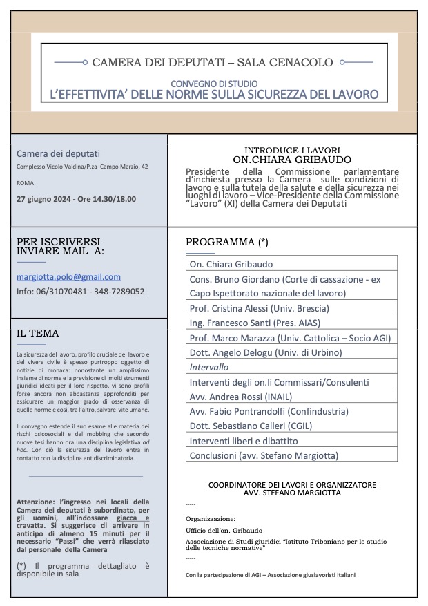 CONVEGNO DI STUDIO "L’EFFETTIVITA’ DELLE NORME SULLA SICUREZZA DEL LAVORO"